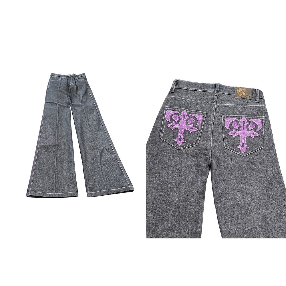 U.T. Sports Embroidered Cross Jeans 38x32 Black Baggy Wide Leg Y2K Goth